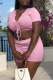 Pink Sexy Solid Draw String V Neck Short Sleeve Two Pieces