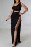 Cyan Sexy Solid Hollowed Out Patchwork Cross Straps Slit Oblique Collar Straight Dresses