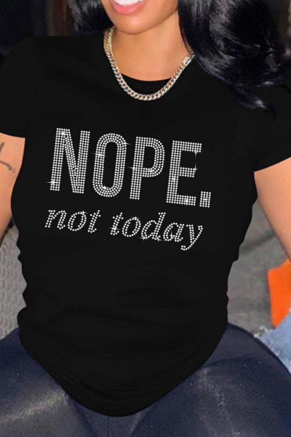 Black Silver Fashion Casual Letter Hot Drill O Neck T-Shirts
