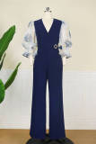 Dark Blue Fashion Casual Patchwork Basic V Neck Regular Jumpsuits