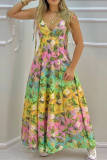 Colour Fashion Sexy Print Backless V Neck Long Dress