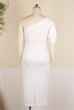 White Fashion Casual Solid Backless Slit Oblique Collar Short Sleeve Dress
