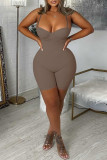 Coffee Sexy Casual Solid Backless Spaghetti Strap Skinny Romper