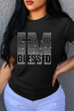 Black Fashion Casual Letter Hot Drill O Neck T-Shirts
