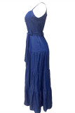 Blue Fashion Casual Solid With Belt Spaghetti Strap Vest Dress