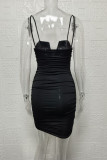 Black Fashion Sexy Solid Fold V Neck Wrapped Skirt Dresses