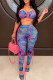 Blue Fashion Sexy Print Bandage Backless Halter Sleeveless Two Pieces