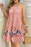 Pink Fashion Casual Print Bandage Backless Halter Sleeveless Dress