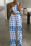 Stripe Fashion Casual Print Backless One Shoulder Regular Jumpsuits