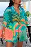 Blue Casual Print Patchwork Buckle Turndown Collar Tops