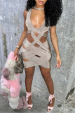 Grey Fashion Sexy Solid Hollowed Out V Neck Vest Dress