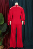 Red Fashion Casual Solid Bandage Hollowed Out Patchwork O Neck Regular Jumpsuits