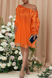 Orange Fashion Casual Solid Patchwork Fold Oblique Collar Long Sleeve Dresses