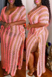 Pink Fashion Casual Patchwork Hollowed Out See-through Backless Slit V Neck Dresses