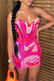 Rose Red Fashion Sexy Print Backless Strapless Sleeveless Two Pieces