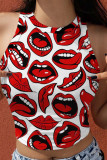 Colour Fashion Casual Lips Printed Basic O Neck Tops