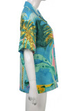 Blue Casual Print Patchwork Buckle Turndown Collar Tops