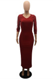 Dark Red Fashion Casual Striped Patchwork Basic V Neck Long Dress