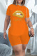 Orange Fashion Casual Letter Lips Printed Bandage Slit O Neck Short Sleeve Two Pieces