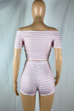 Light Pink Fashion Casual Striped Print Basic V Neck Short Sleeve Two Pieces
