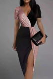 Silver Sexy Solid Patchwork Asymmetrical V Neck One Step Skirt Dresses