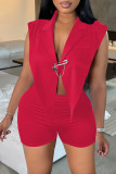 Red Sexy Solid Backless Asymmetrical V Neck Sleeveless Two Pieces