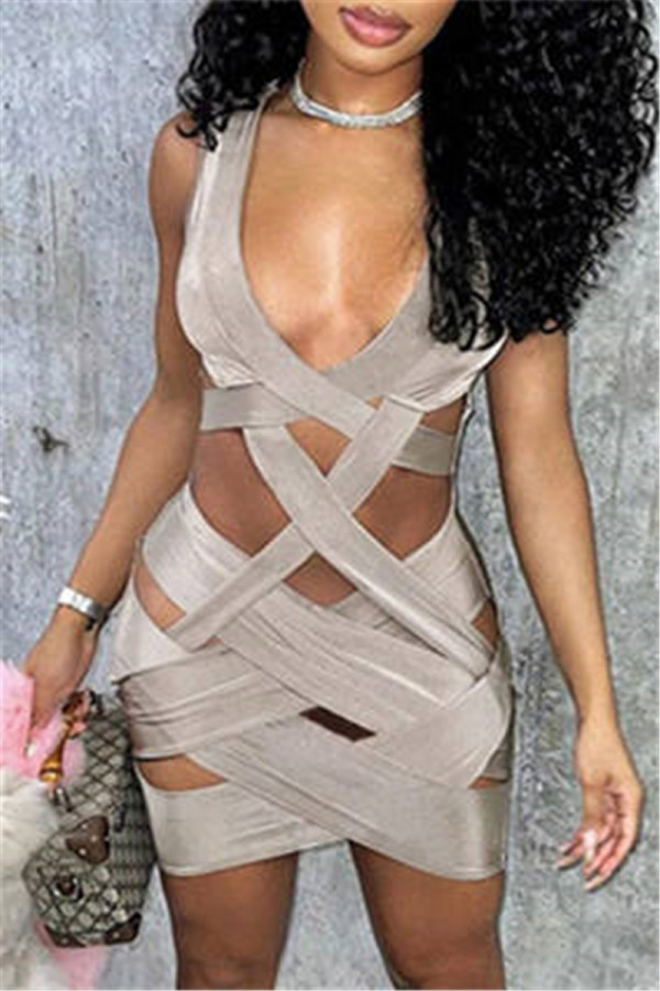 Grey Fashion Sexy Solid Hollowed Out V Neck Vest Dress