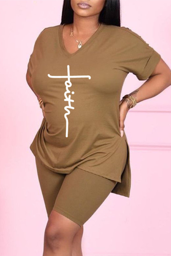 Khaki Fashion Casual Print Slit V Neck Short Sleeve Two Pieces