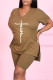 Khaki Fashion Casual Print Slit V Neck Short Sleeve Two Pieces