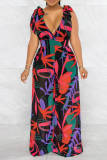 Multicolor Fashion Casual Print Bandage Backless V Neck Regular Jumpsuits