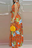 Multicolor Fashion Casual Print Bandage V Neck Long Dress