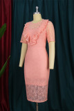 Pink Fashion Casual Solid Patchwork See-through O Neck Short Sleeve Dress