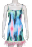 Multicolor Sexy Print Patchwork Feathers Spaghetti Strap Pencil Skirt Dresses