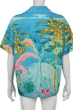Blue Casual Print Patchwork Buckle Turndown Collar Tops