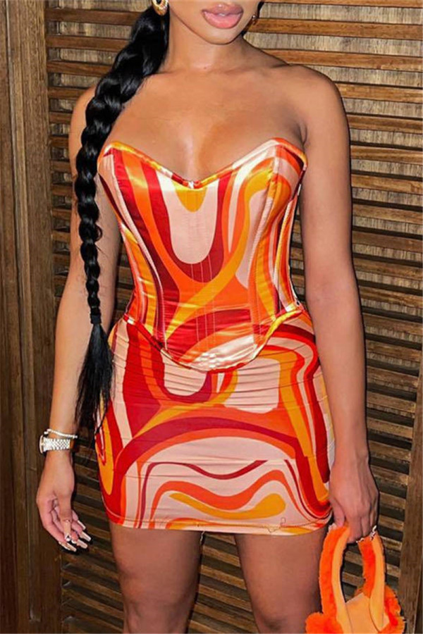 Orange Fashion Sexy Print Backless Strapless Sleeveless Two Pieces