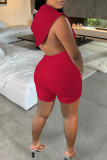 Red Sexy Solid Backless Asymmetrical V Neck Sleeveless Two Pieces