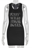 Black Fashion Casual Letter Hot Drilling Patchwork U Neck Vest Dress