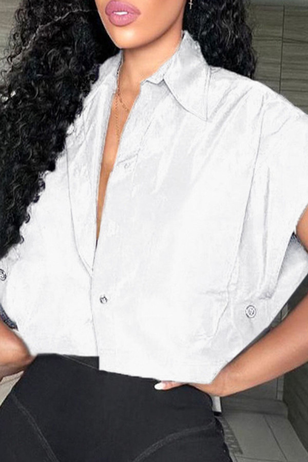 White Casual Street Solid Patchwork Buckle Turndown Collar Tops