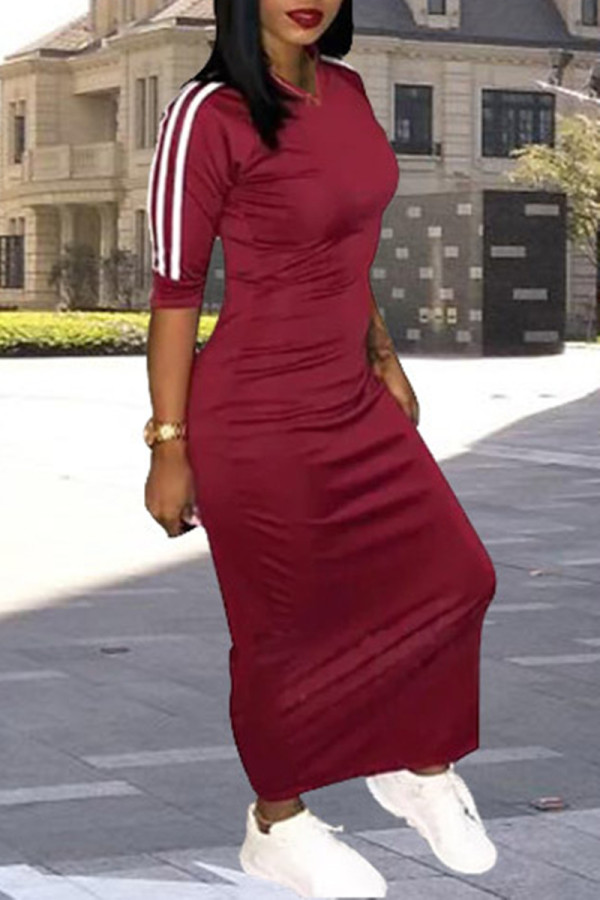 Dark Red Fashion Casual Striped Patchwork Basic V Neck Long Dress