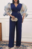 Dark Blue Fashion Casual Patchwork Basic V Neck Regular Jumpsuits