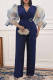 Dark Blue Fashion Casual Patchwork Basic V Neck Regular Jumpsuits