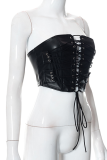 Black Sexy Solid Draw String Strapless Tops