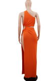 Cyan Sexy Solid Hollowed Out Patchwork Cross Straps Slit Oblique Collar Straight Dresses