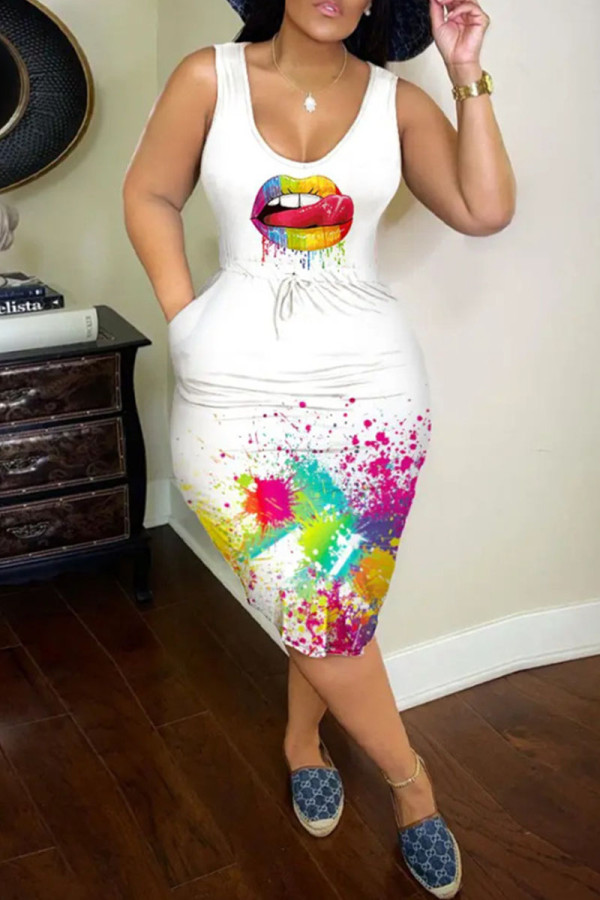 White Fashion Casual Print Basic U Neck Vest Dress