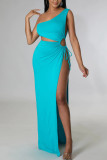Cyan Sexy Solid Hollowed Out Patchwork Cross Straps Slit Oblique Collar Straight Dresses