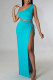 Cyan Sexy Solid Hollowed Out Patchwork Cross Straps Slit Oblique Collar Straight Dresses
