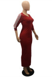 Dark Red Fashion Casual Striped Patchwork Basic V Neck Long Dress