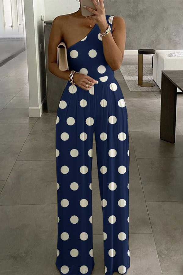 Tibetan Blue Fashion Casual Print Backless One Shoulder Regular Jumpsuits