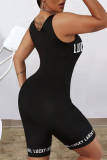 Black Fashion Casual Letter Print Basic V Neck Skinny Romper