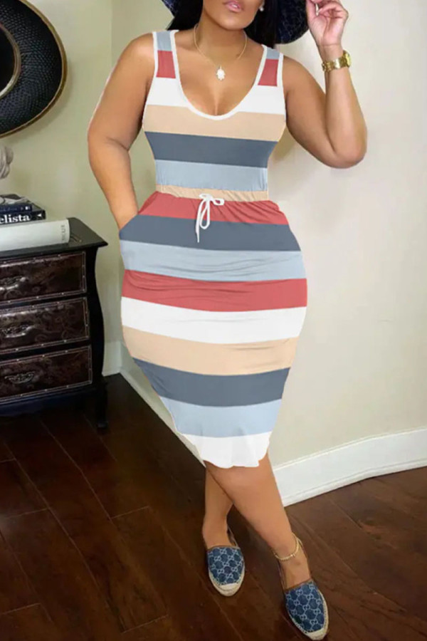 Multicolor Fashion Casual Print Basic U Neck Vest Dress